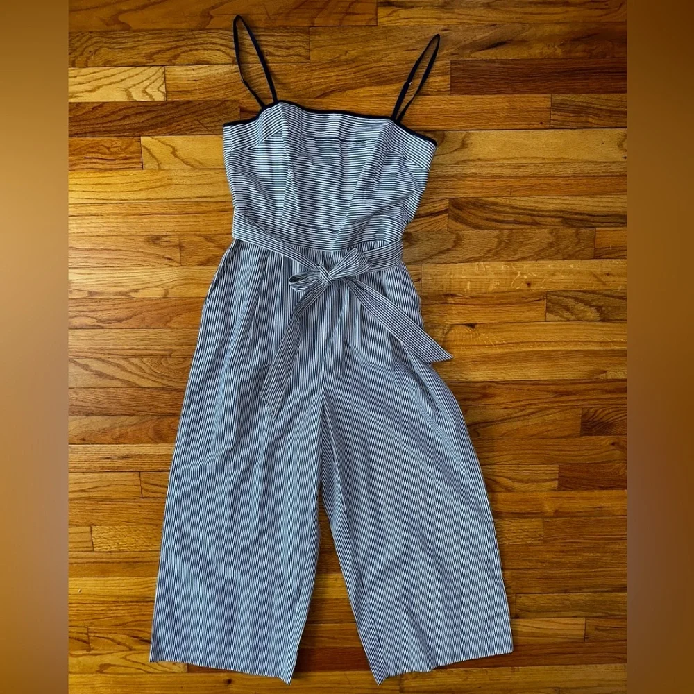 J.‎ CREW Striped Cotton Cropped Jumpsuit Tie Waist Belted Navy Blue White size 2